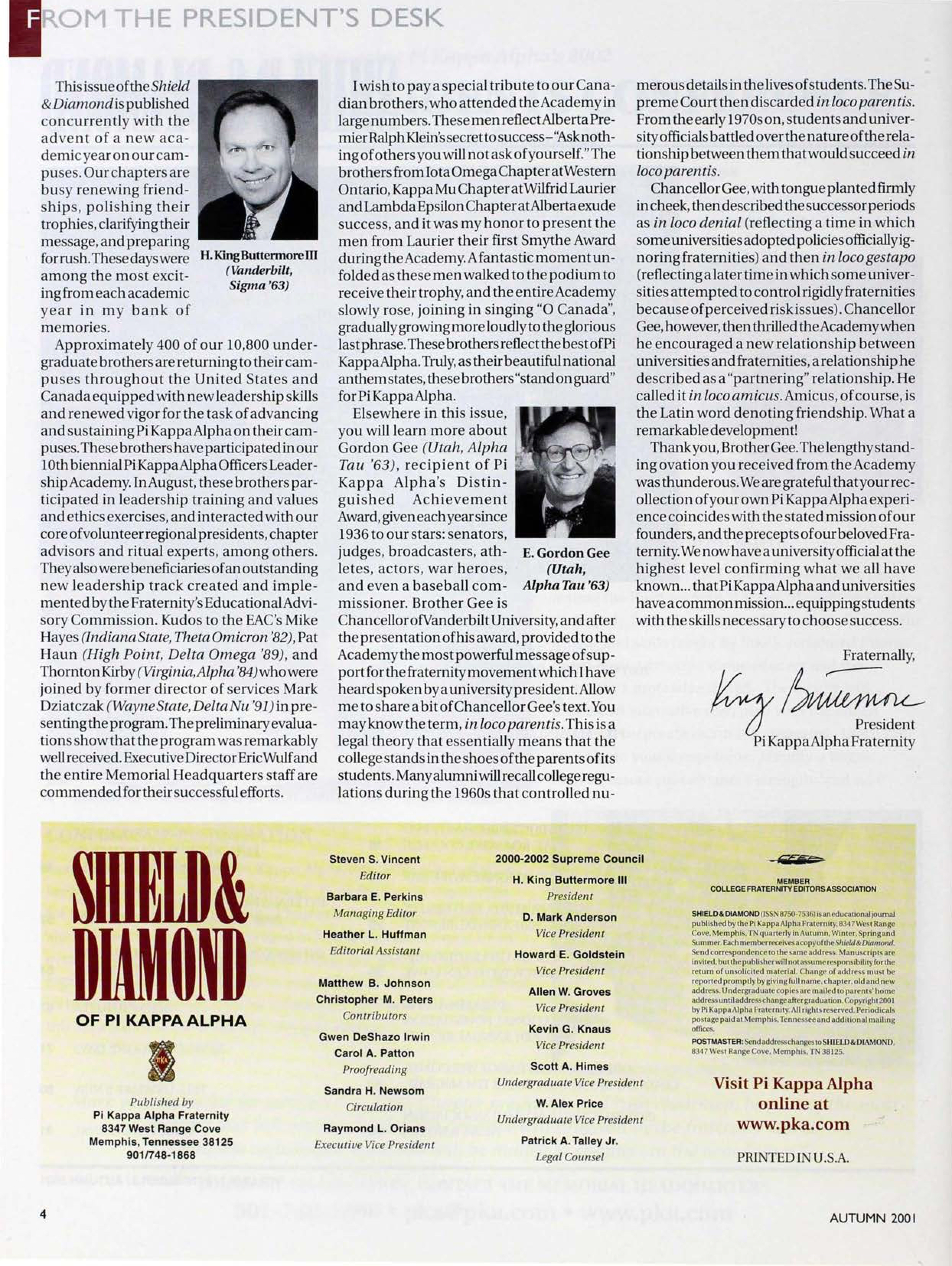 Shield & Diamond of Pi Kappa Alpha, Autumn 2001